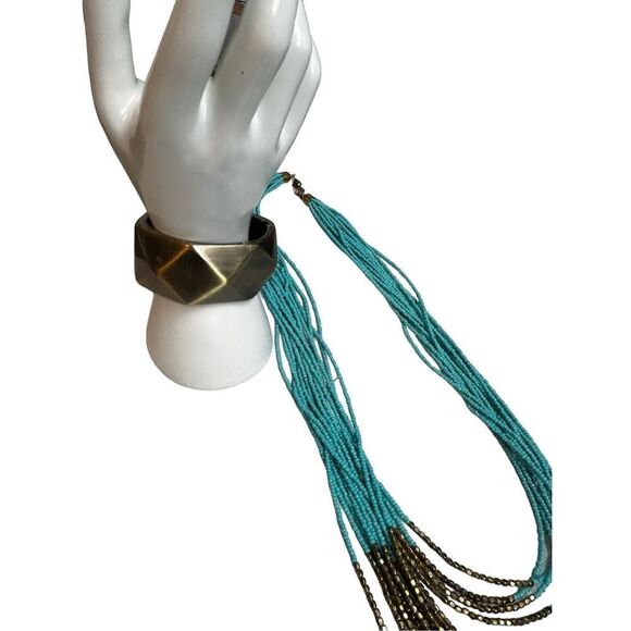 Multibeaded turquoise color and antique gold minibeaded statement necklace and l - Picture 3 of 7